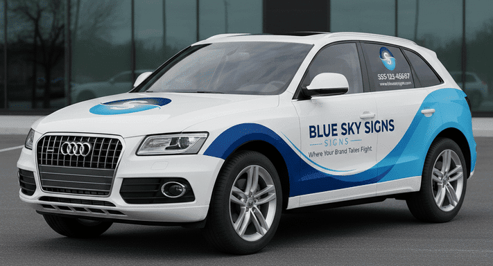 Custom partial vehicle wrap on a white Audi Q5 SUV for Blue Sky Signs Bega Valley.