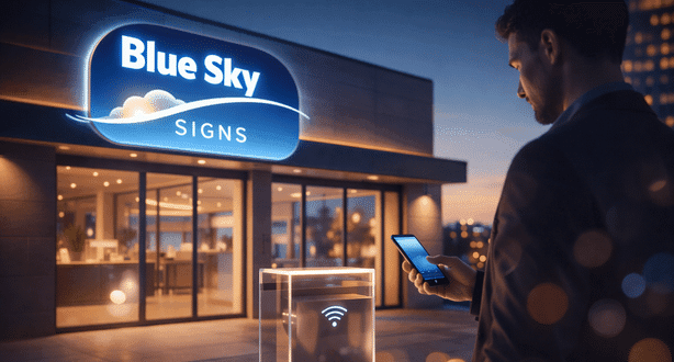 Custom illuminated outdoor business sign for Blue Sky Signs storefront in the Bega Valley.