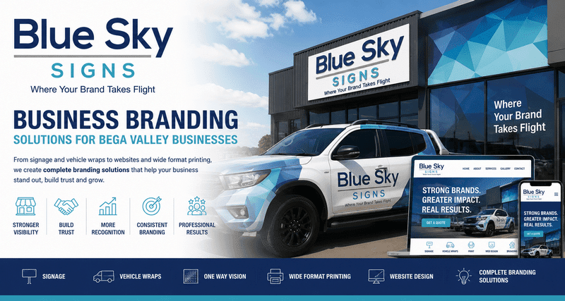 business signage, Blue Sky Signs vehicle wrap, shopfront signage and branding services for businesses in Bega Valley, NSW.