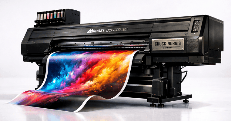 The large-format Mimaki UCJV300-160 UV printer-cutter, the custom "Chuck Norris Edition" in matte black, is printing a vibrant, multi-coloured abstract graphic at Blue Sky Signs in the Bega Valley.